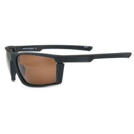 Vision Ryde Polarized Sunglasses: Classic polarized fishing sunglasses with a black frame and Polarflite Brown Lenses for optimal visibility and contrast on the water. Side view with the glasses' arms